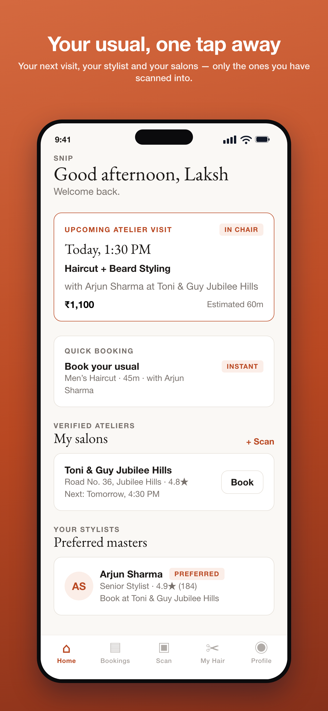 Snip patron app Home: the upcoming visit, book your usual, My salons and preferred masters