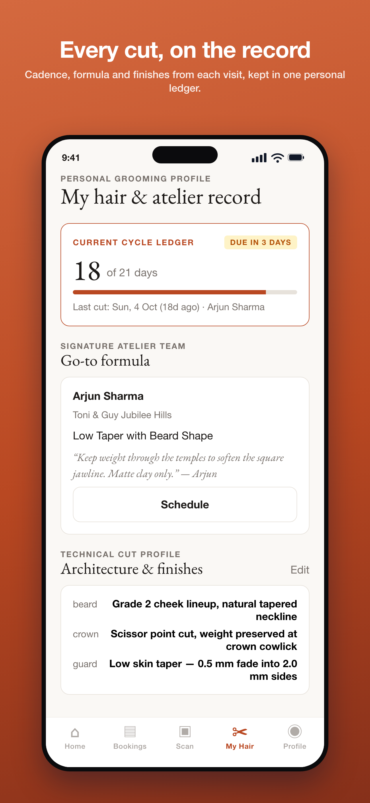 Snip My Hair tab: cycle ledger, go-to formula and cut architecture