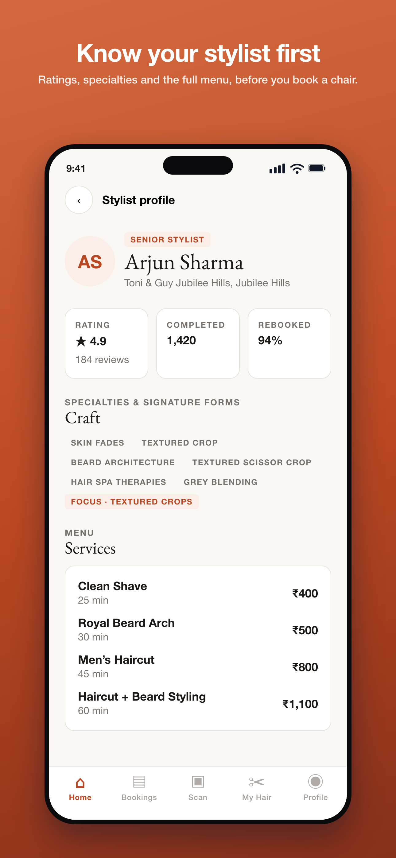 A stylist profile in Snip: rating, completed cuts, rebook rate, craft and service menu