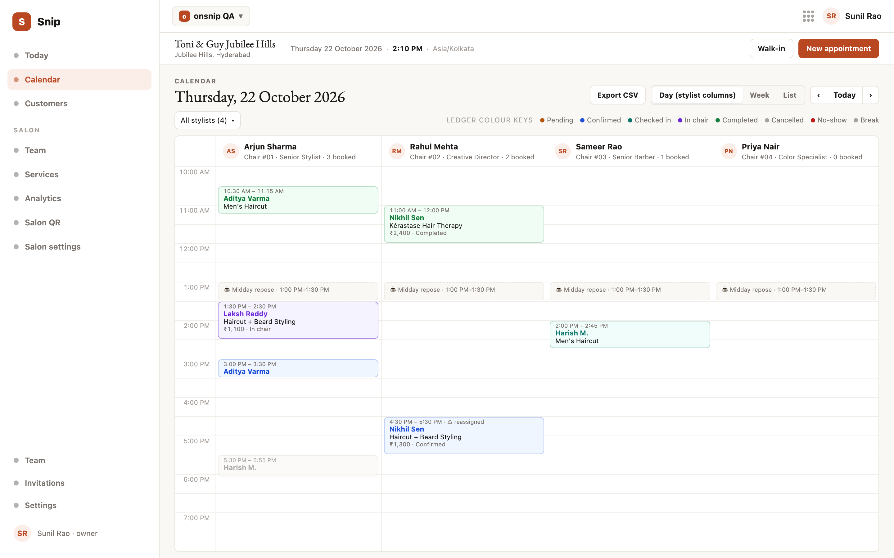 Snip calendar day grid with a column per stylist, appointments in lifecycle colours and a shared midday break