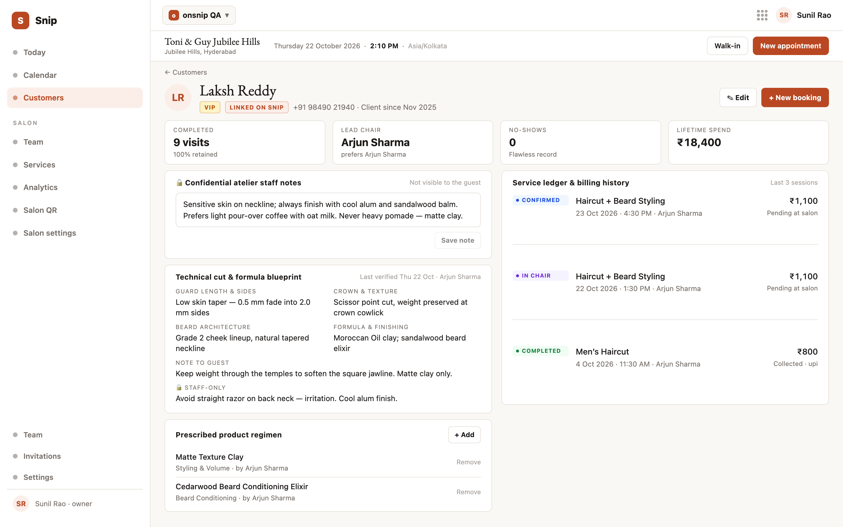 A customer card for Laksh Reddy: confidential staff notes, the technical cut and formula blueprint, product regimen and billing history